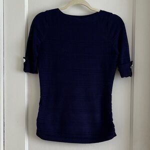 XS Navy Blue Ruched Side Boatneck Short Sleeved Knit Sweater Top Blouse